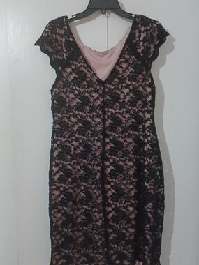 Black Lace Overlay Pink Sheath Dress